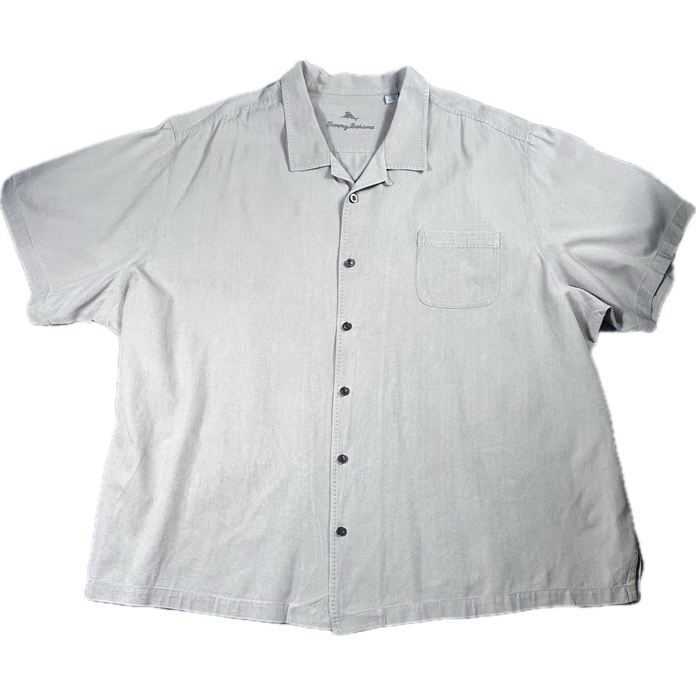 Tommy Bahama 4XLB Mens 100% Silk Herringbone Camp Shirt Gray Big Tall 4XL